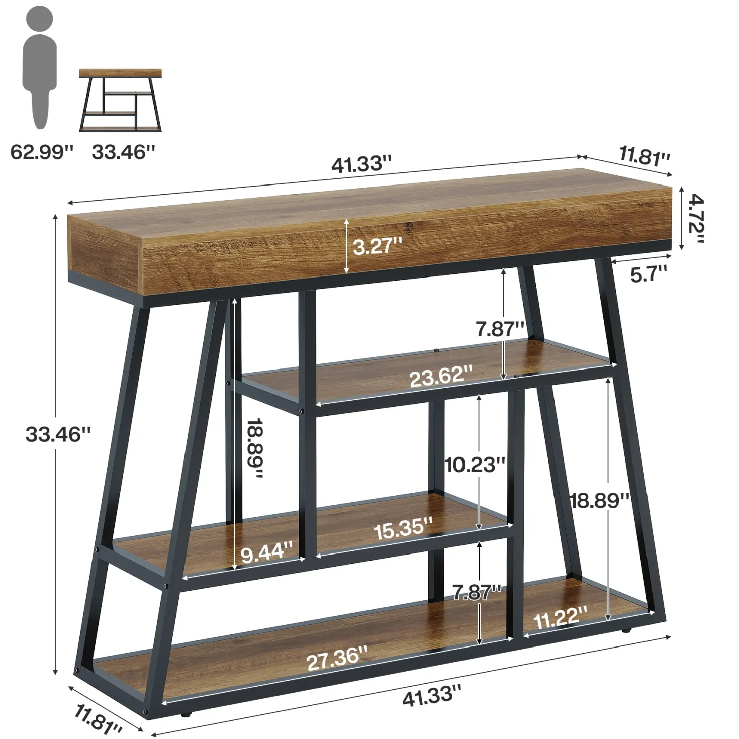 41.3" Console Table, Industrial Entryway Sofa Table with 4-Tier Shelves
