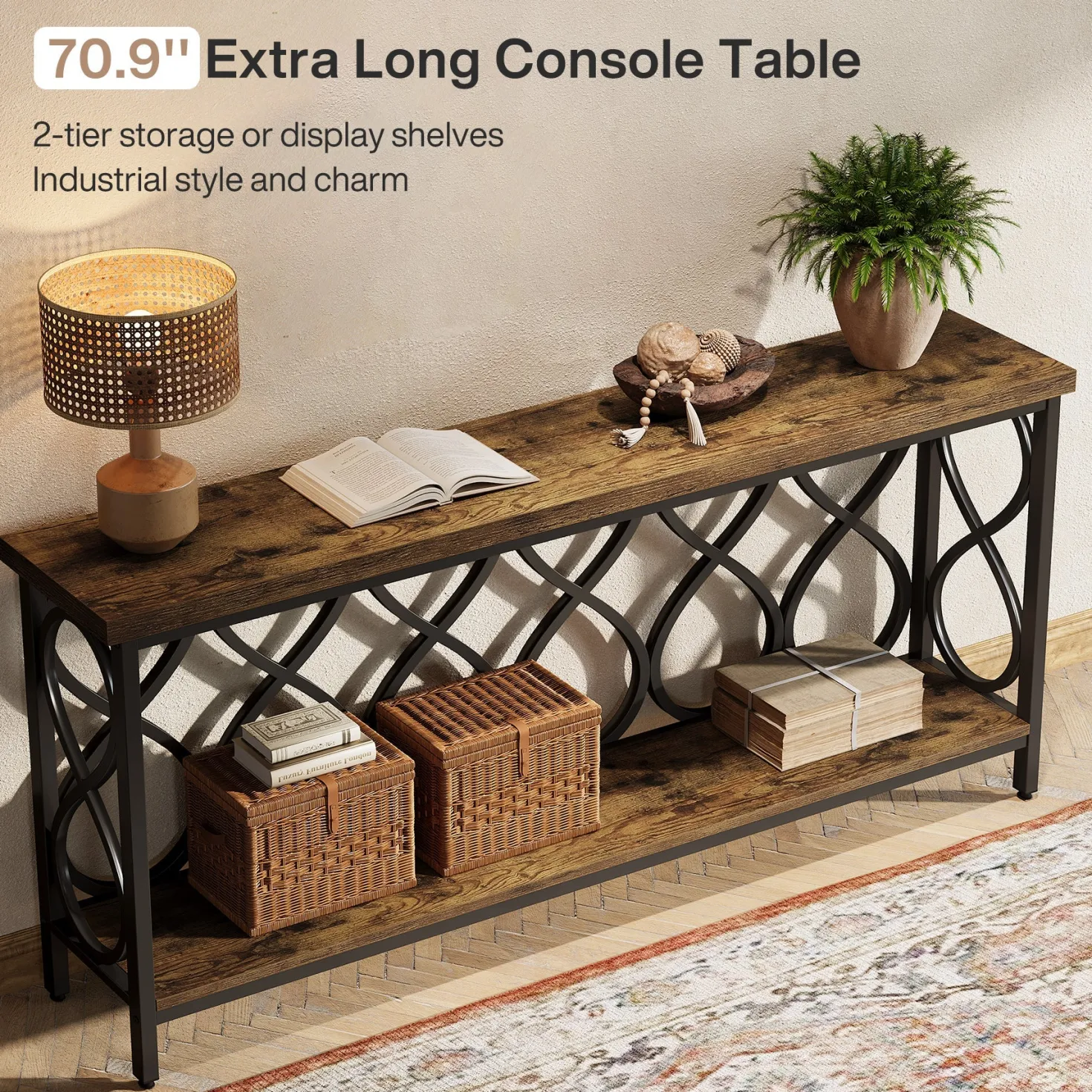 70.9" Console Table, Industrial Sofa Table 2-Tier Entryway Accent Table
