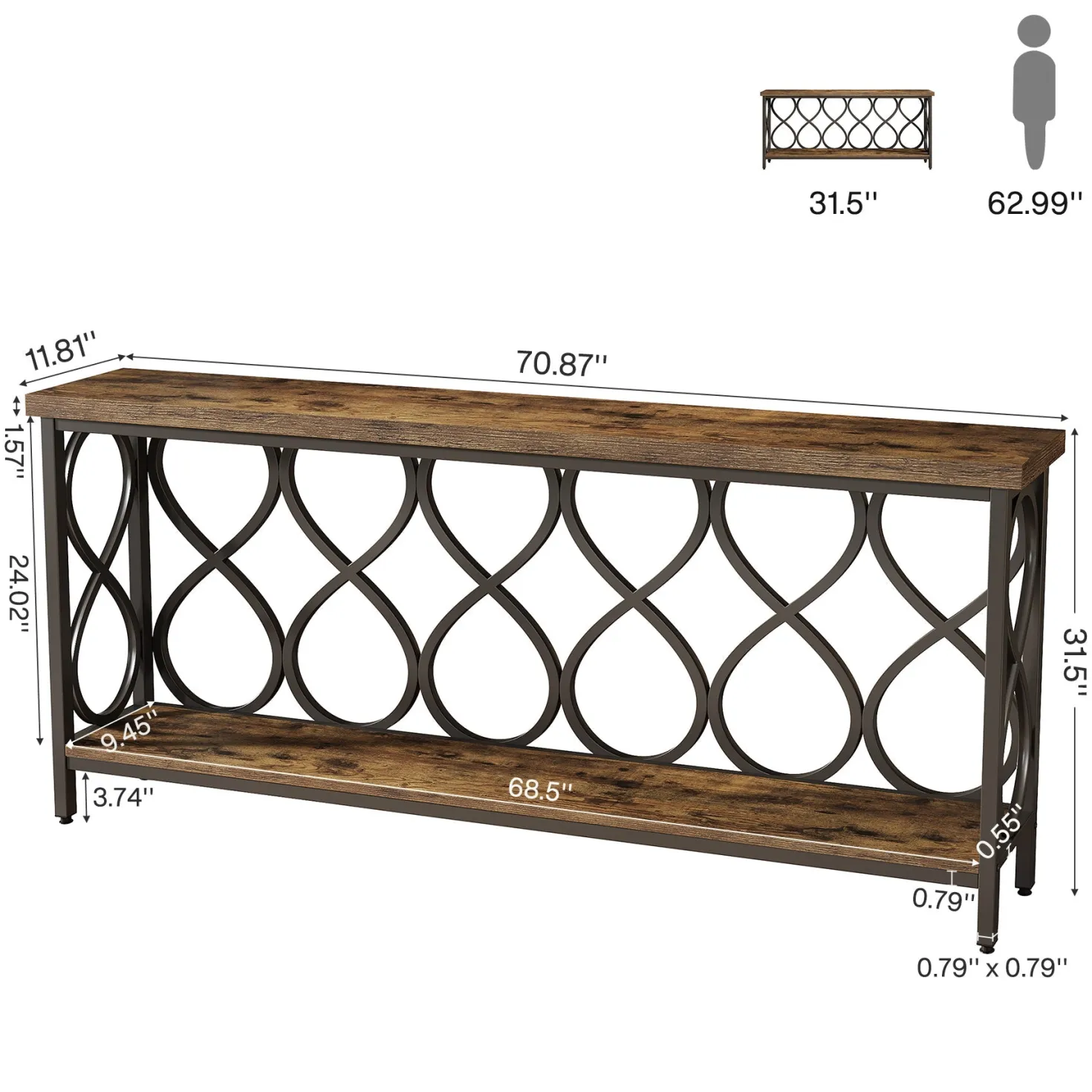 70.9" Console Table, Industrial Sofa Table 2-Tier Entryway Accent Table