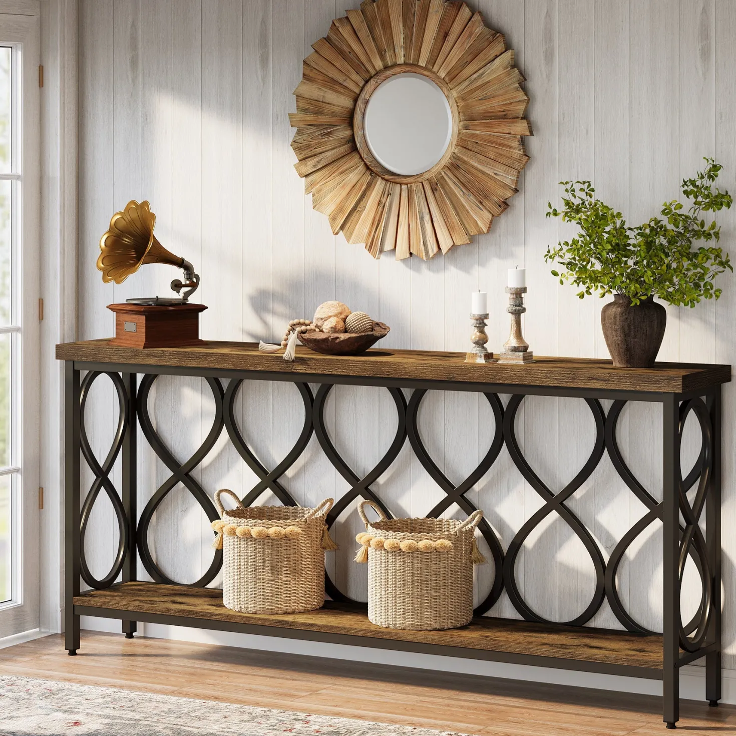 70.9" Console Table, Industrial Sofa Table 2-Tier Entryway Accent Table