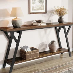 70.9" Console Table, Industrial Sofa Table Behind Couch with 2-Tier Storage Shelf