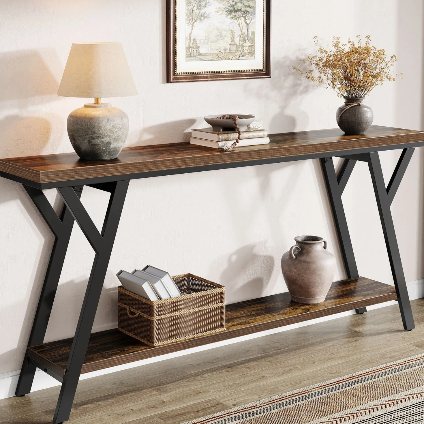 70.9" Console Table, Industrial Sofa Table Behind Couch with 2-Tier Storage Shelf