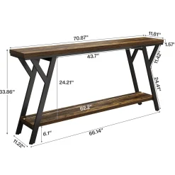 70.9" Console Table, Industrial Sofa Table Behind Couch with 2-Tier Storage Shelf