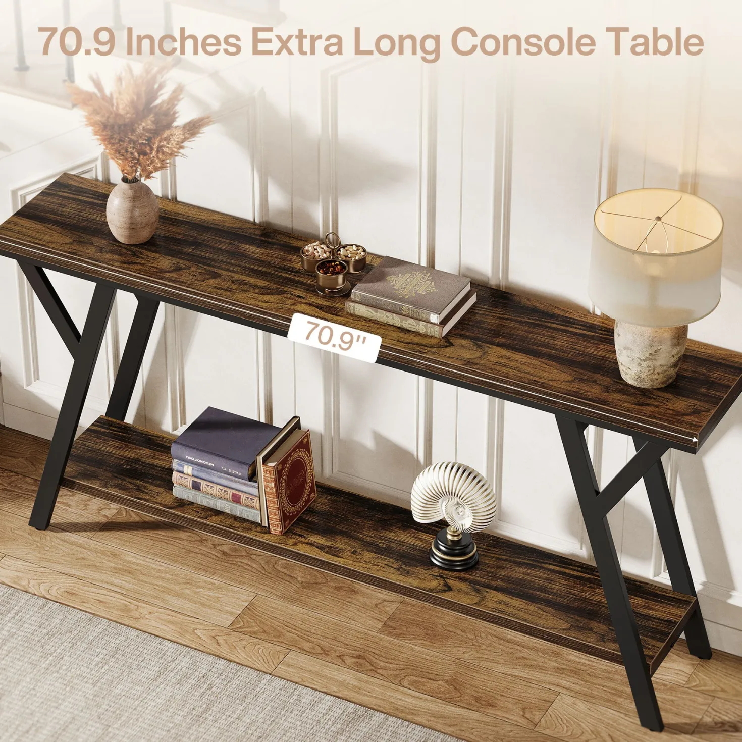 70.9" Console Table, Industrial Sofa Table Behind Couch with 2-Tier Storage Shelf
