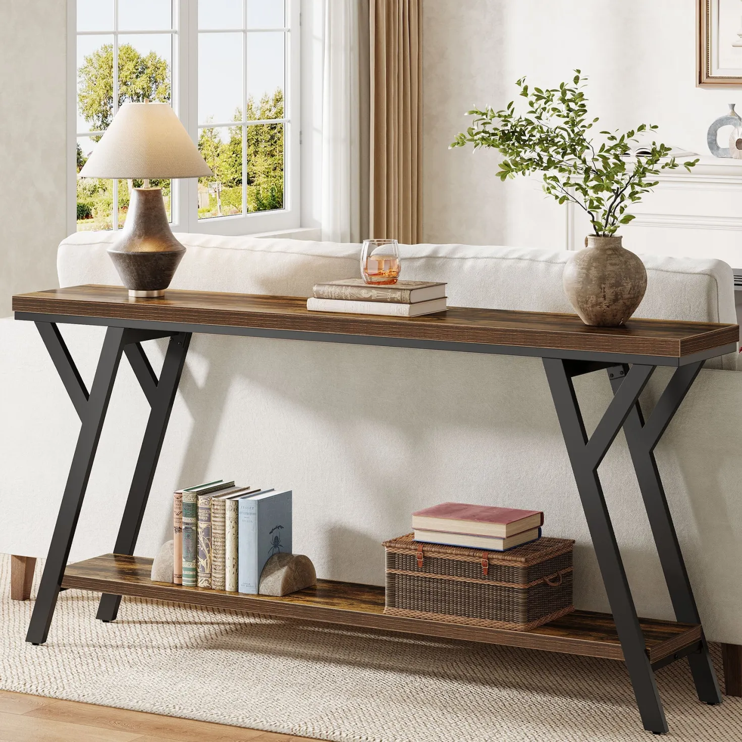 70.9" Console Table, Industrial Sofa Table Behind Couch with 2-Tier Storage Shelf