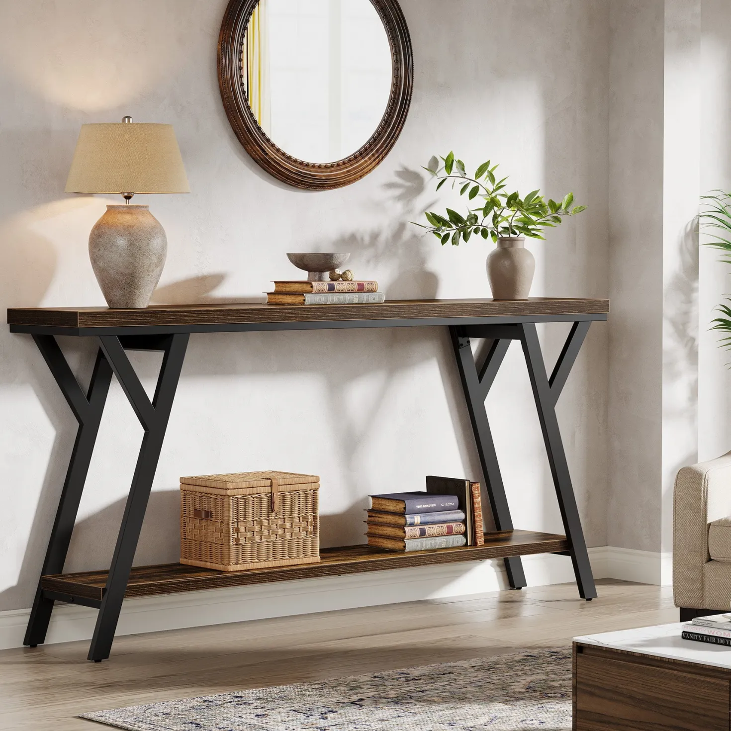70.9" Console Table, Industrial Sofa Table Behind Couch with 2-Tier Storage Shelf