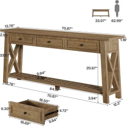 70.8" Console Table, Long Sofa Table Behind Couch with 3 Storage Drawers