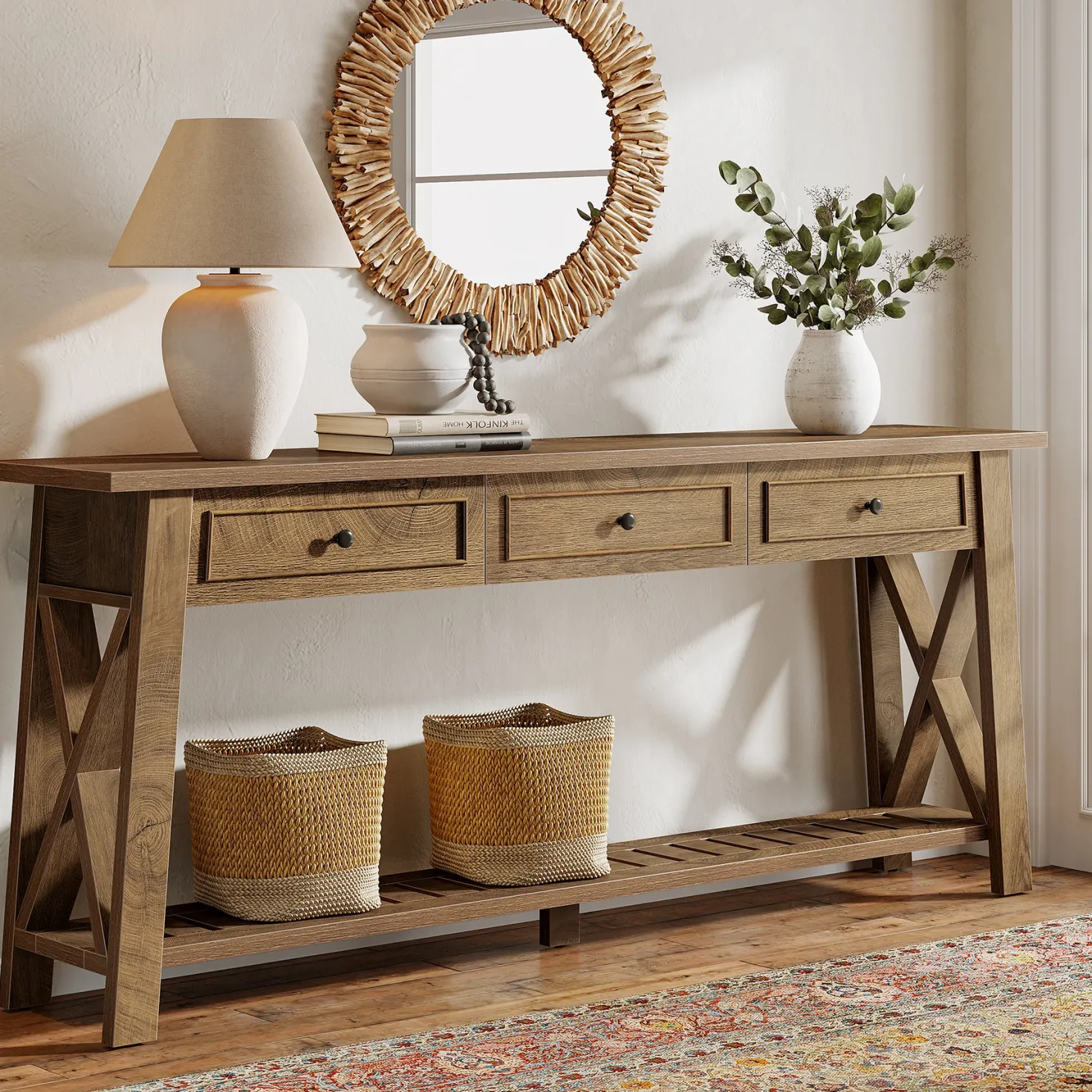70.8" Console Table, Long Sofa Table Behind Couch with 3 Storage Drawers