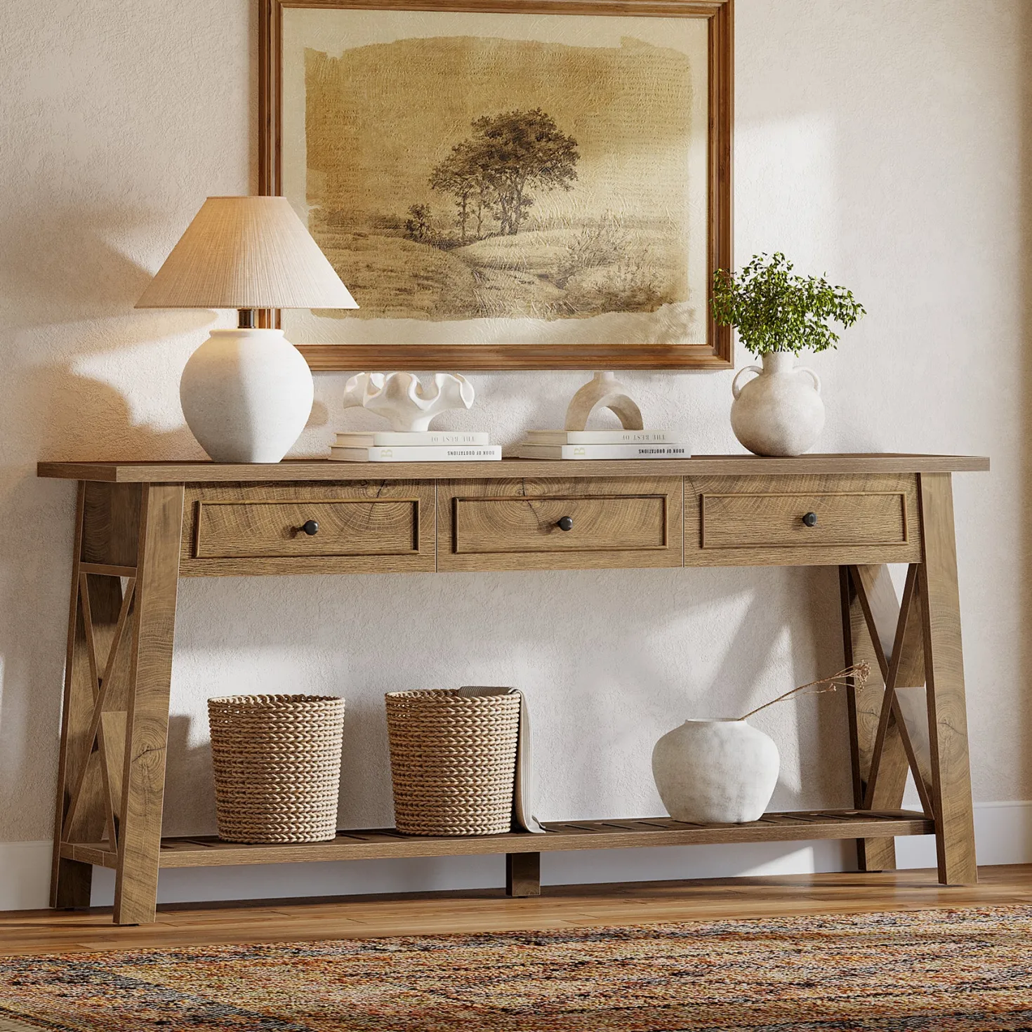 70.8" Console Table, Long Sofa Table Behind Couch with 3 Storage Drawers