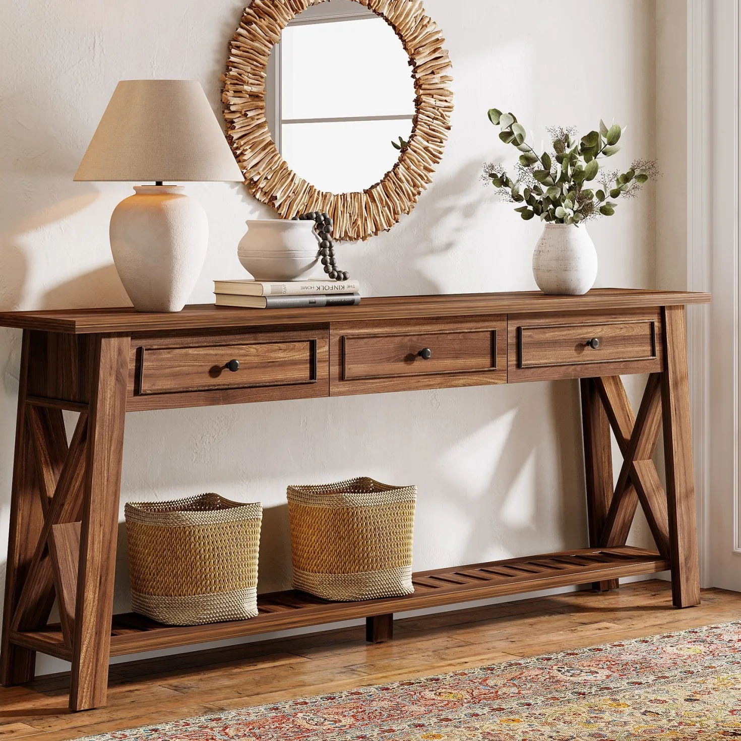 70.8" Console Table, Long Sofa Table Behind Couch with 3 Storage Drawers