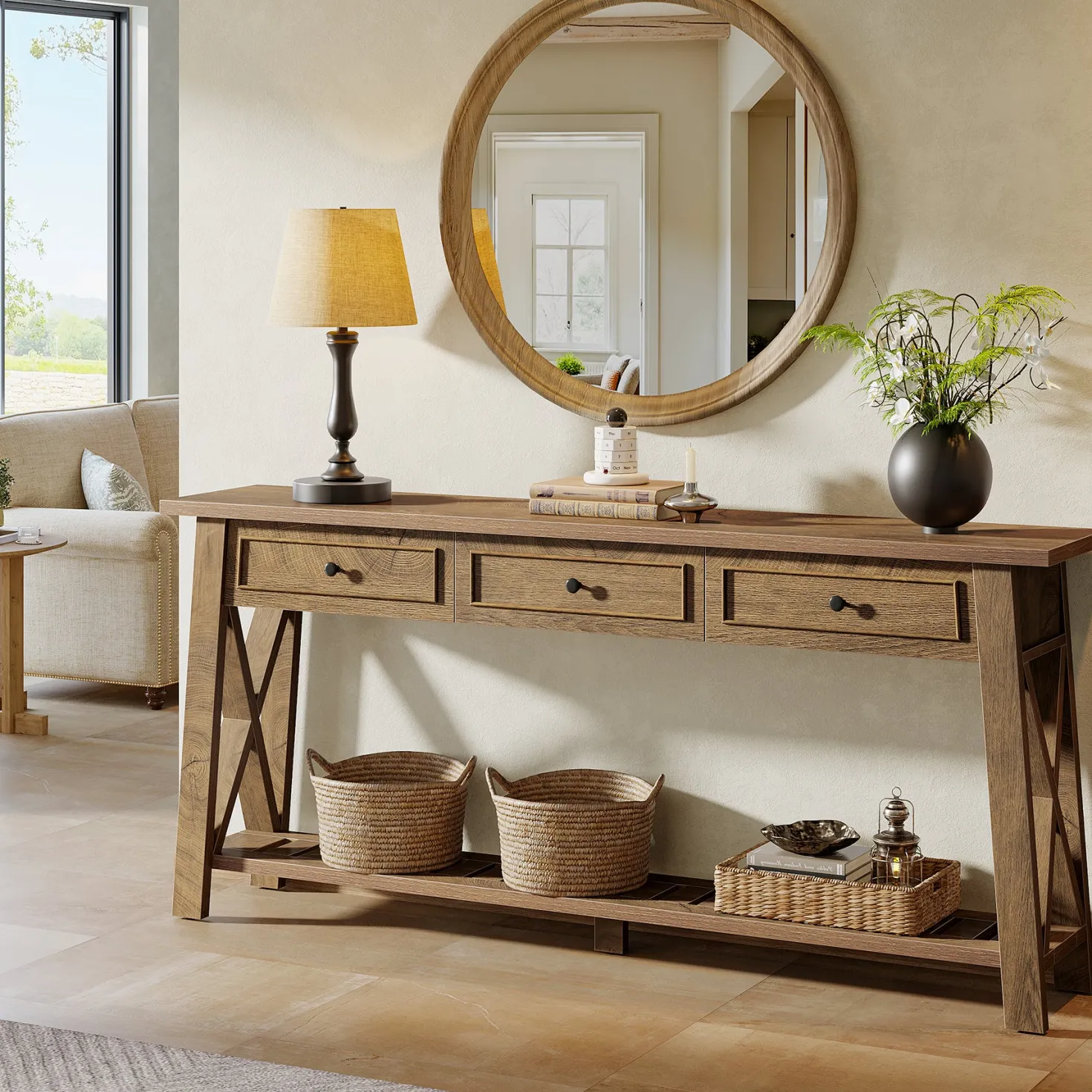 70.8" Console Table, Long Sofa Table Behind Couch with 3 Storage Drawers
