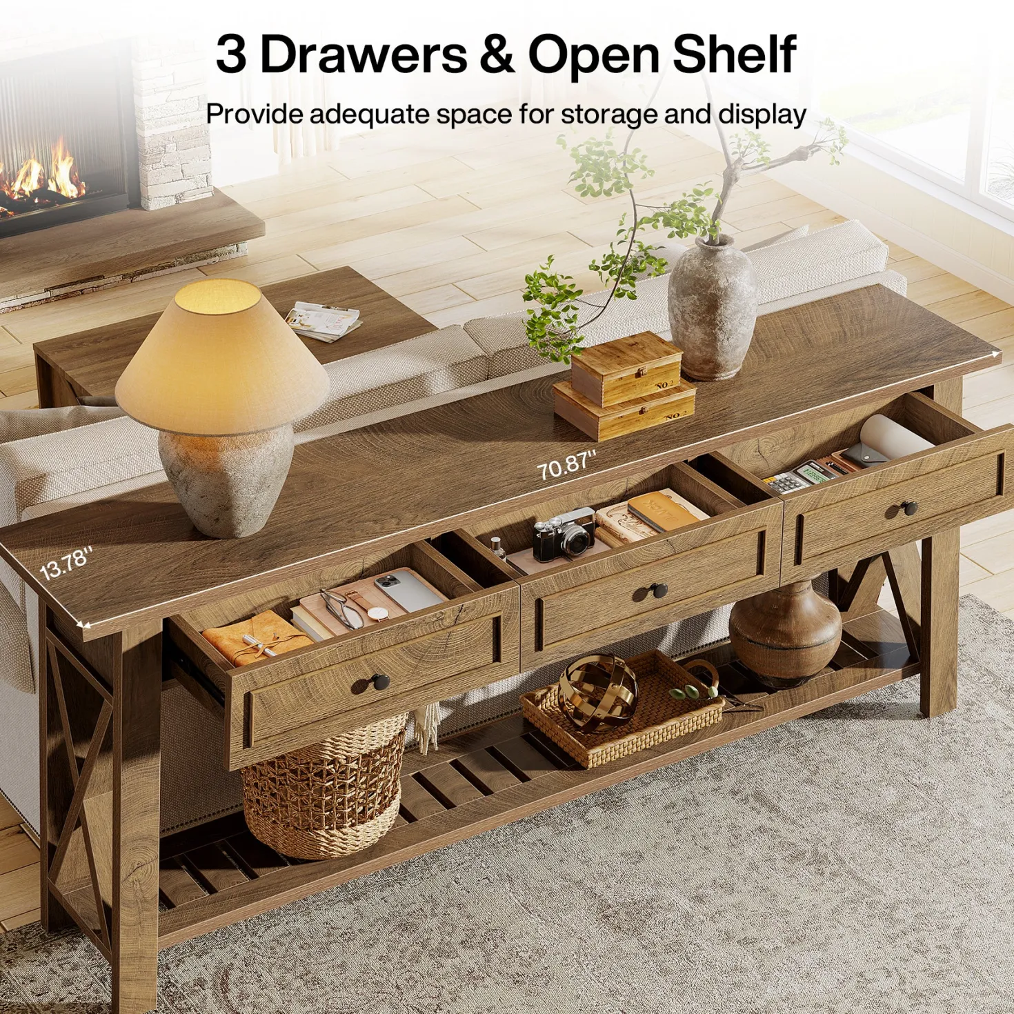 70.8" Console Table, Long Sofa Table Behind Couch with 3 Storage Drawers