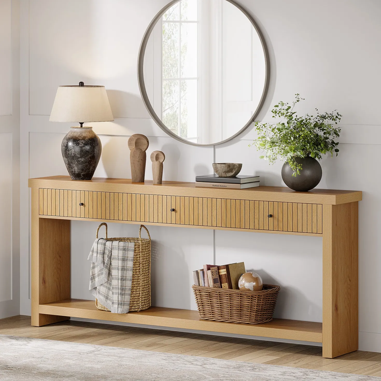 70.9" Console Table, Long Wooden Sofa Table with 3 Drawers
