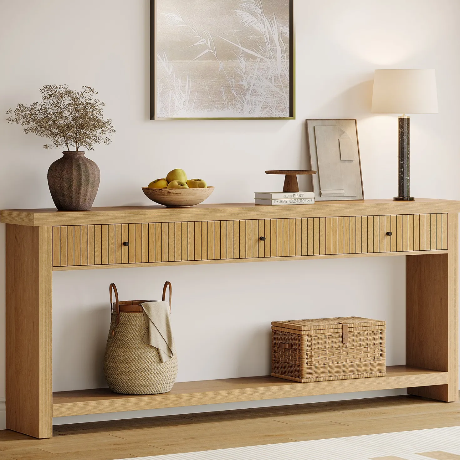 70.9" Console Table, Long Wooden Sofa Table with 3 Drawers