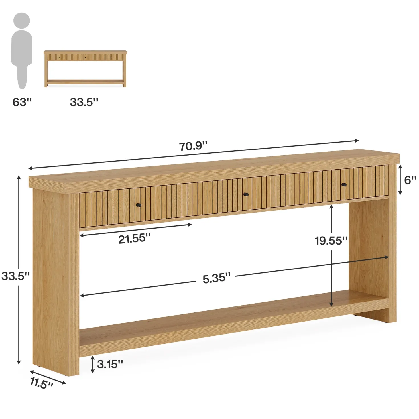 70.9" Console Table, Long Wooden Sofa Table with 3 Drawers