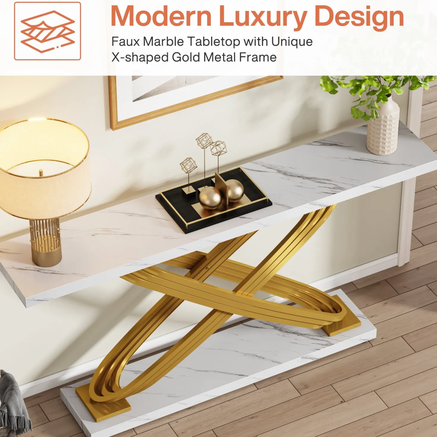 55" Console Table Modern Faux Marble Sofa Entryway Table