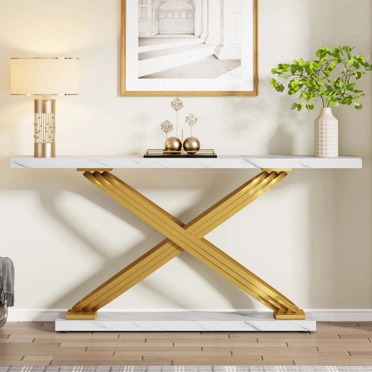 55" Console Table Modern Faux Marble Sofa Entryway Table