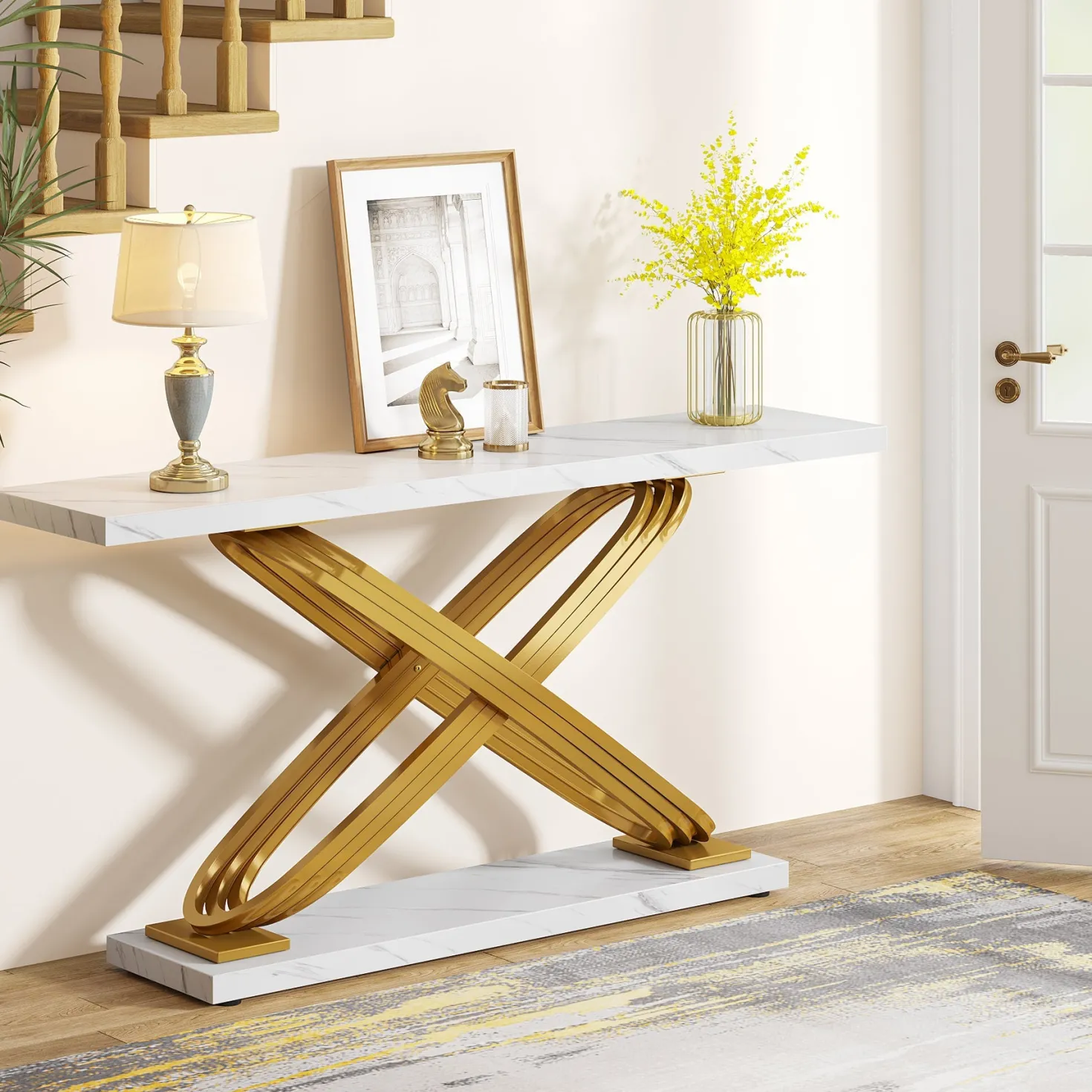 55" Console Table Modern Faux Marble Sofa Entryway Table