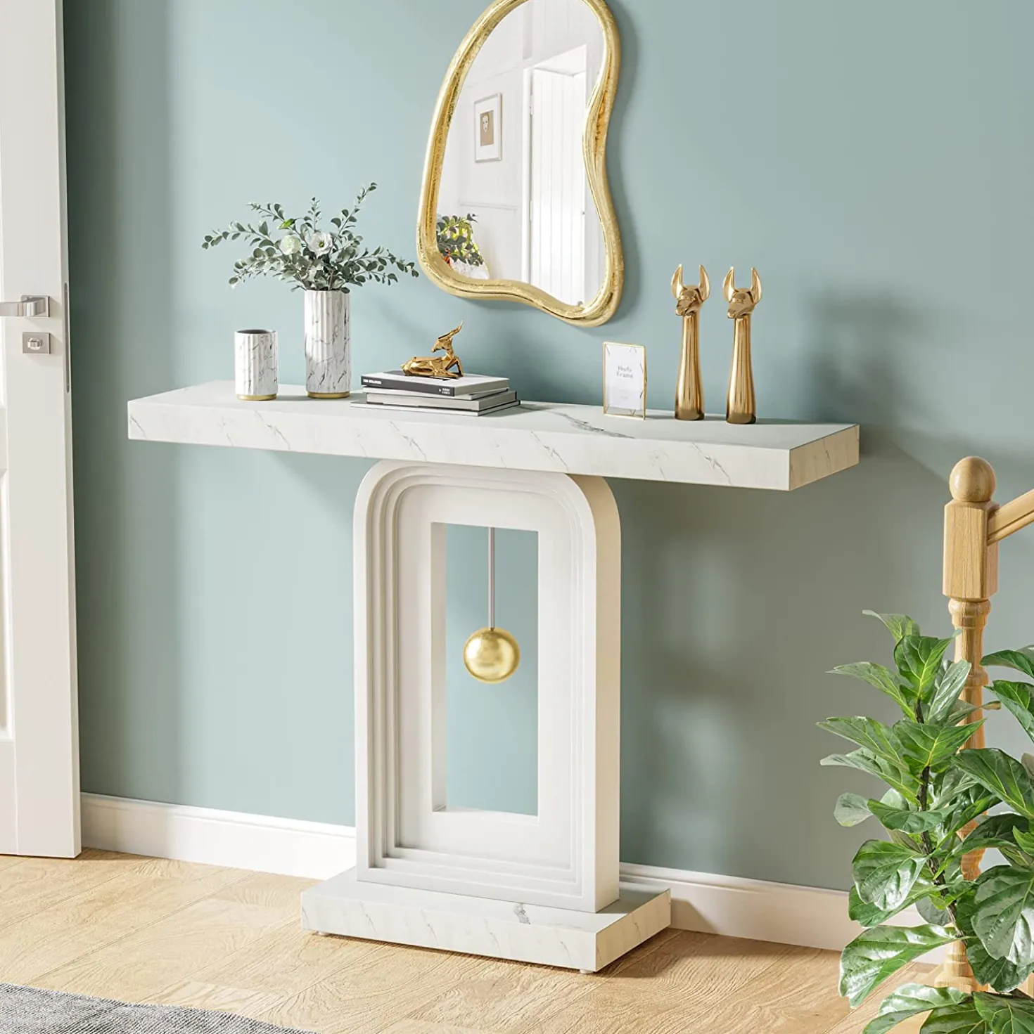 39.4" Console Table, Modern Sofa Entryway Table with Gold Decor