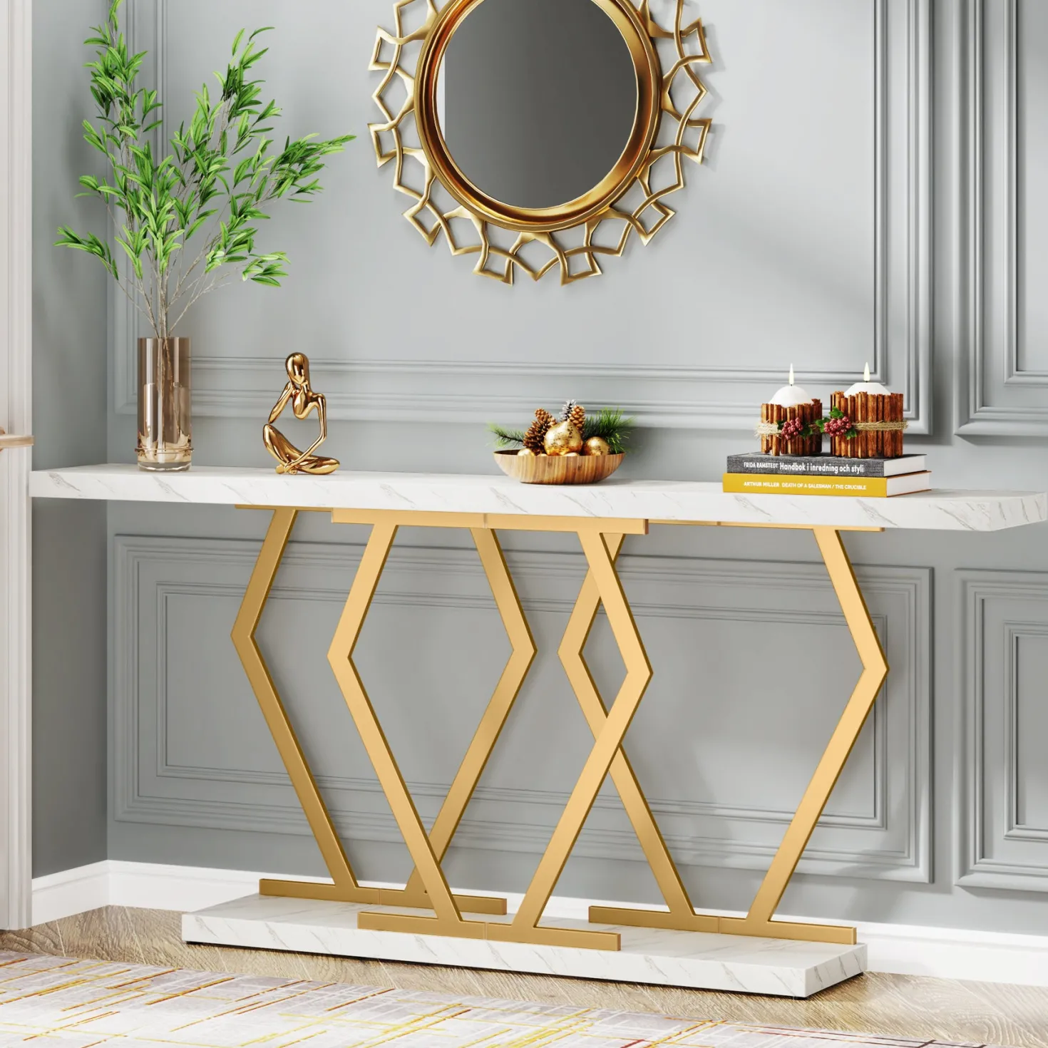 70.9" Console Table, Modern Sofa Table with Faux Marble Tabletop