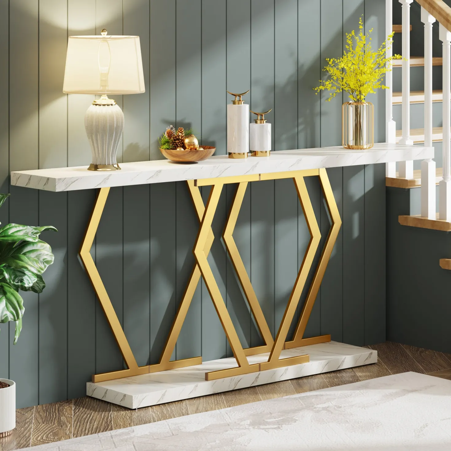 70.9" Console Table, Modern Sofa Table with Faux Marble Tabletop