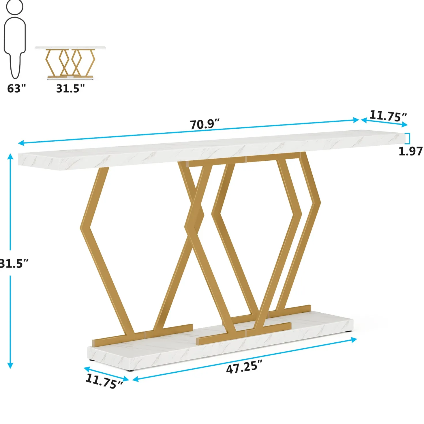 70.9" Console Table, Modern Sofa Table with Faux Marble Tabletop