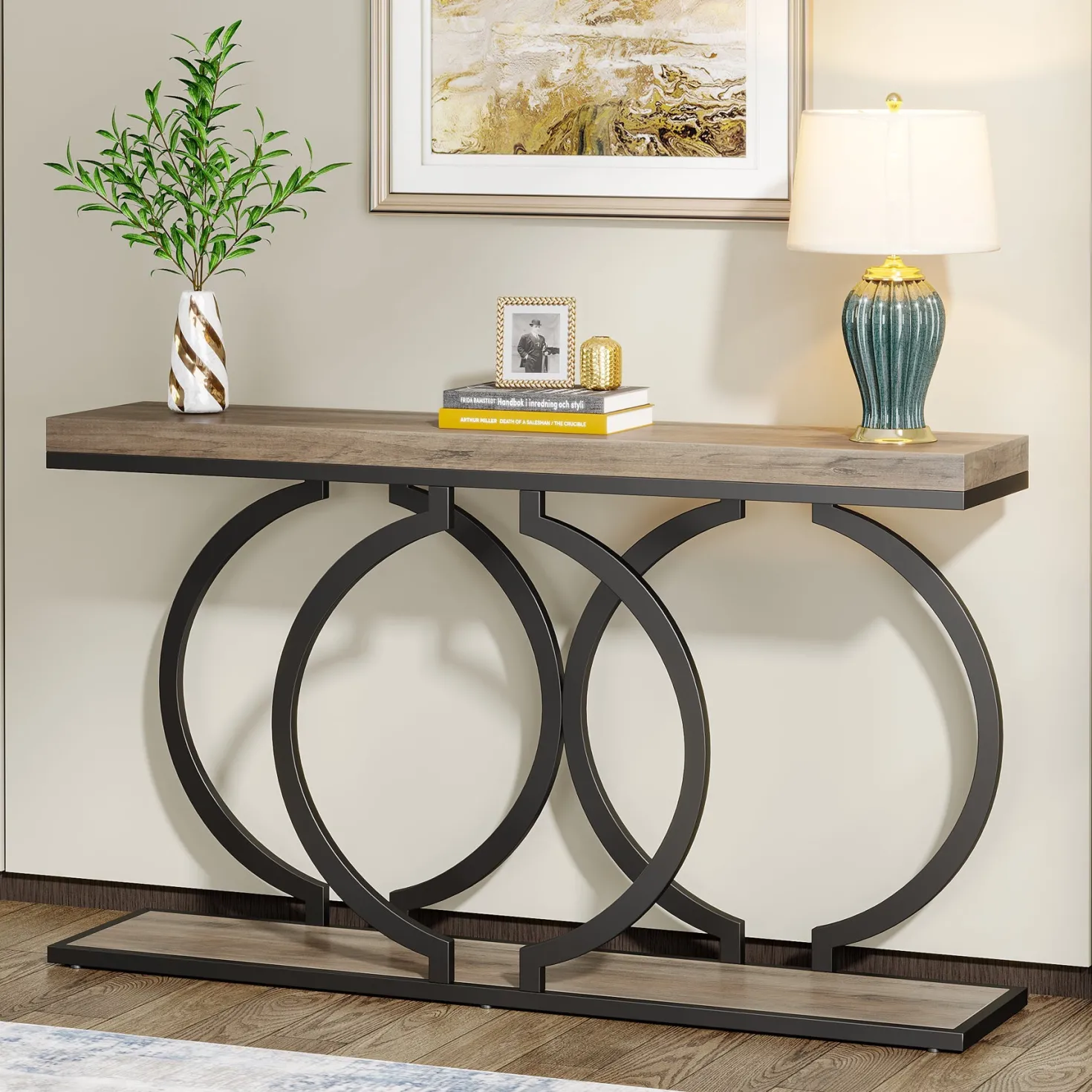 55" Console Table, Narrow Entryway Sofa Table with Geometric Metal Frame
