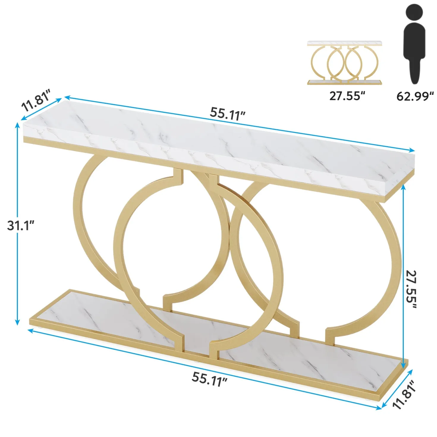 55" Console Table, Narrow Entryway Sofa Table with Geometric Metal Frame