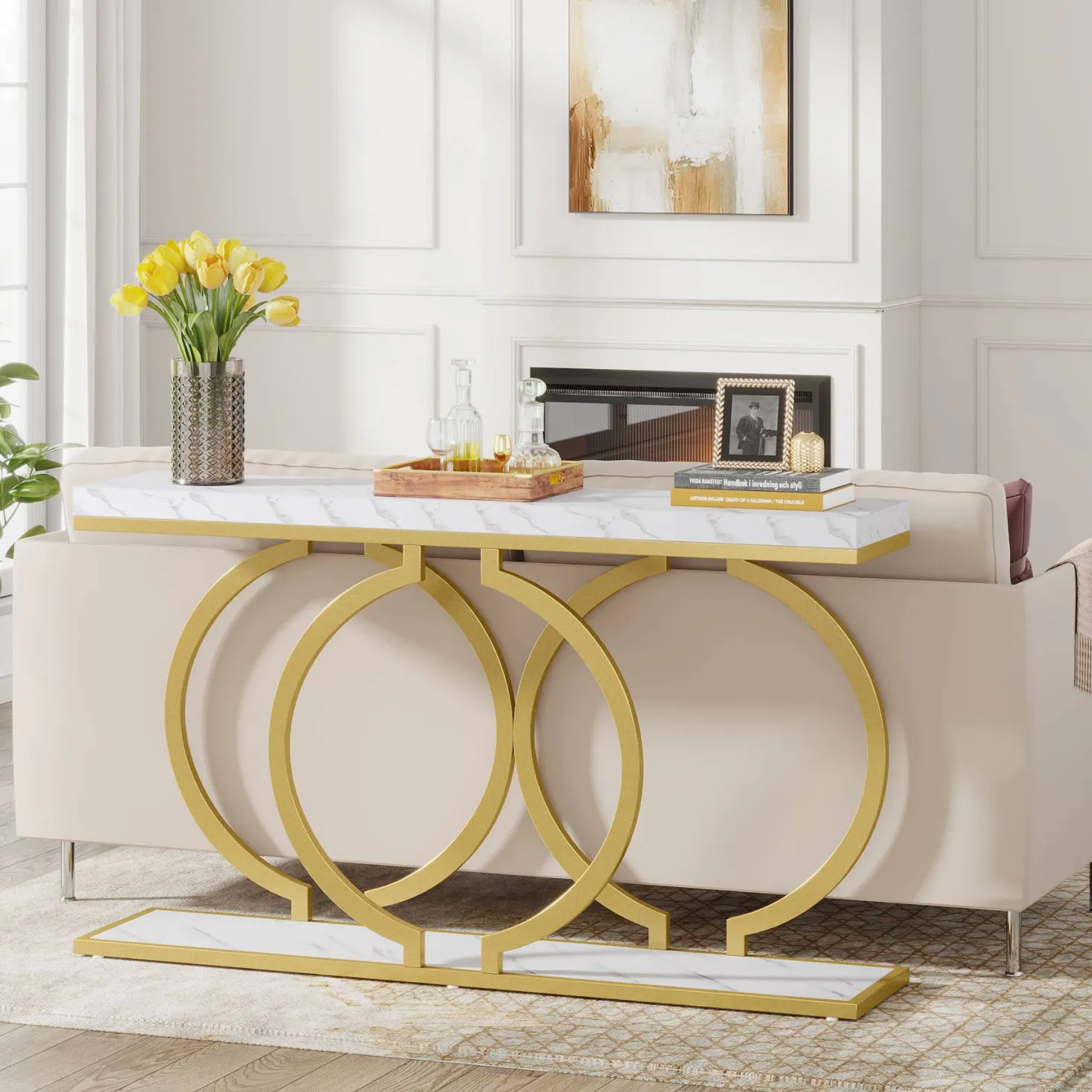 55" Console Table, Narrow Entryway Sofa Table with Geometric Metal Frame