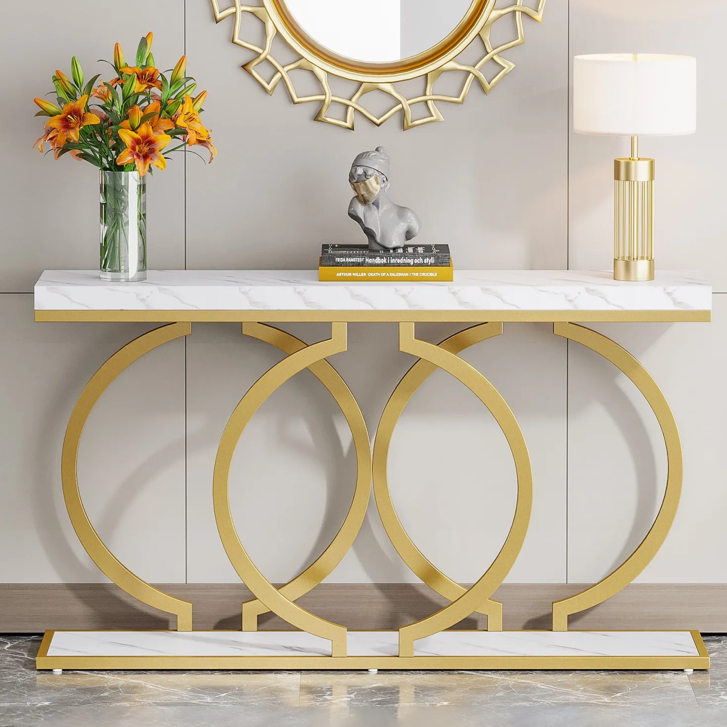 55" Console Table, Narrow Entryway Sofa Table with Geometric Metal Frame