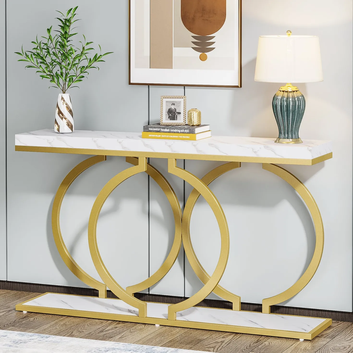 55" Console Table, Narrow Entryway Sofa Table with Geometric Metal Frame