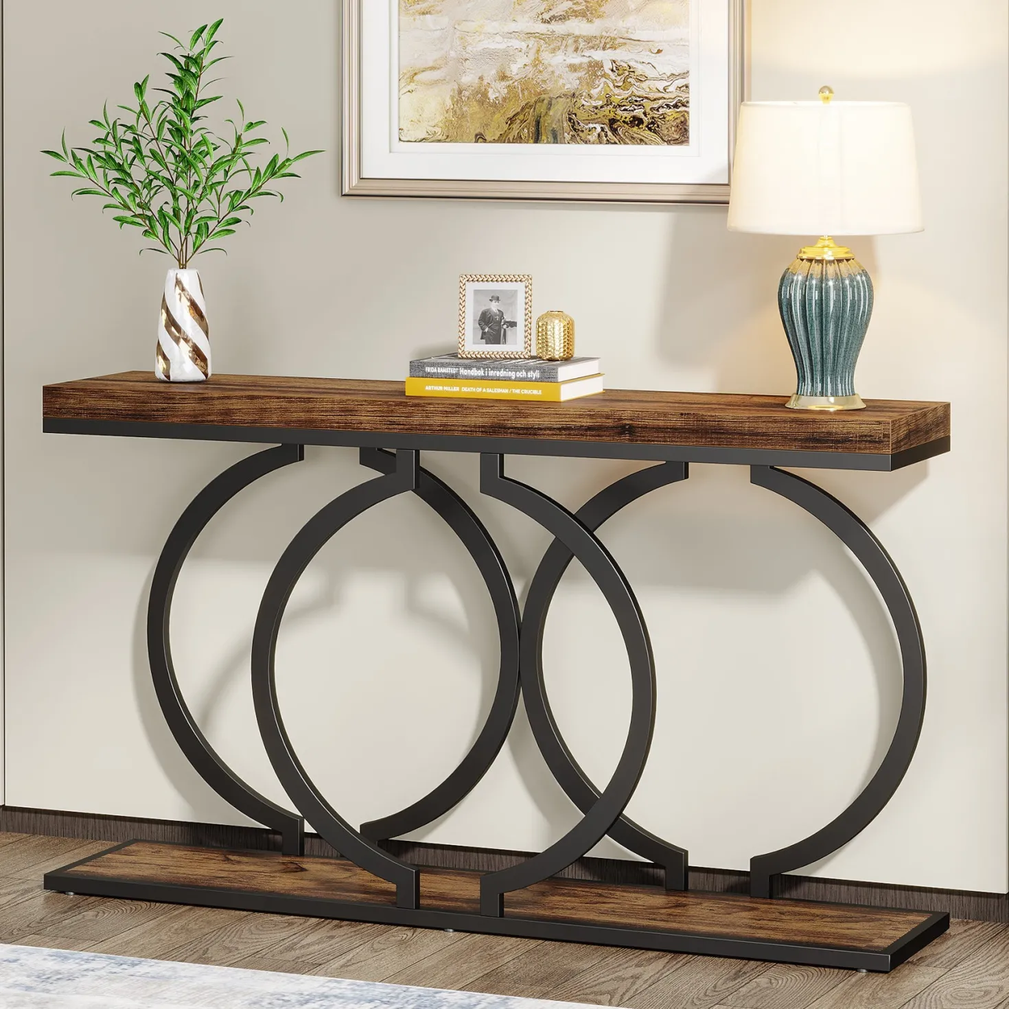 55" Console Table, Narrow Entryway Sofa Table with Geometric Metal Frame