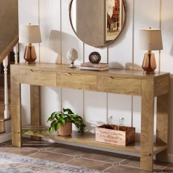 67“ Console Table, Narrow Farmhouse Entryway Table with 3 Storage Drawers