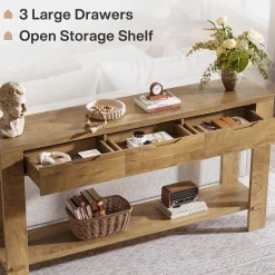 67“ Console Table, Narrow Farmhouse Entryway Table with 3 Storage Drawers