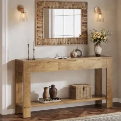 67“ Console Table, Narrow Farmhouse Entryway Table with 3 Storage Drawers