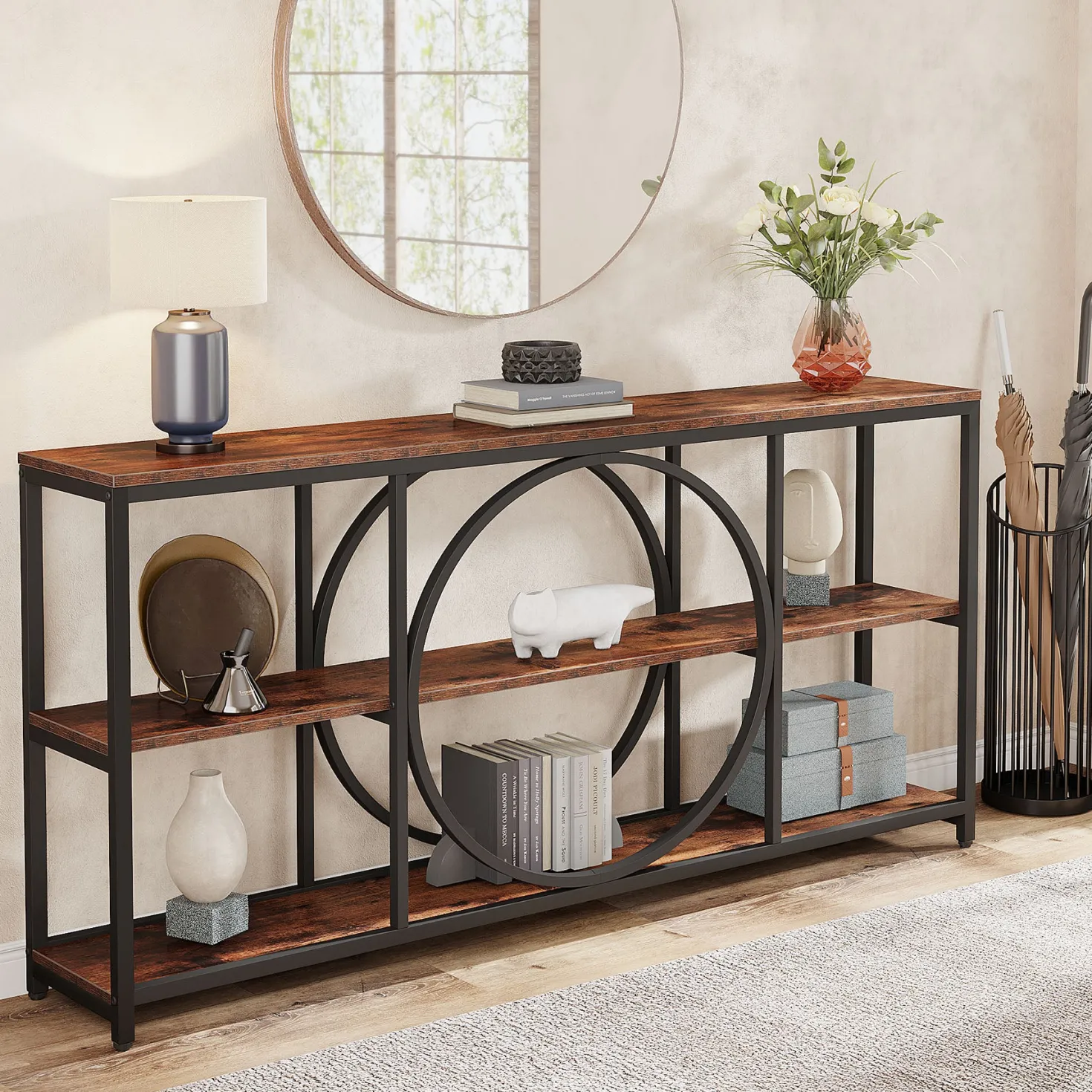 70.9" Console Table, Narrow Sofa Table with 3 Tier Storage Shelves