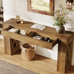 63" Console Table, Narrow Sofa Table with 2 Drawers and X-Shaped Legs