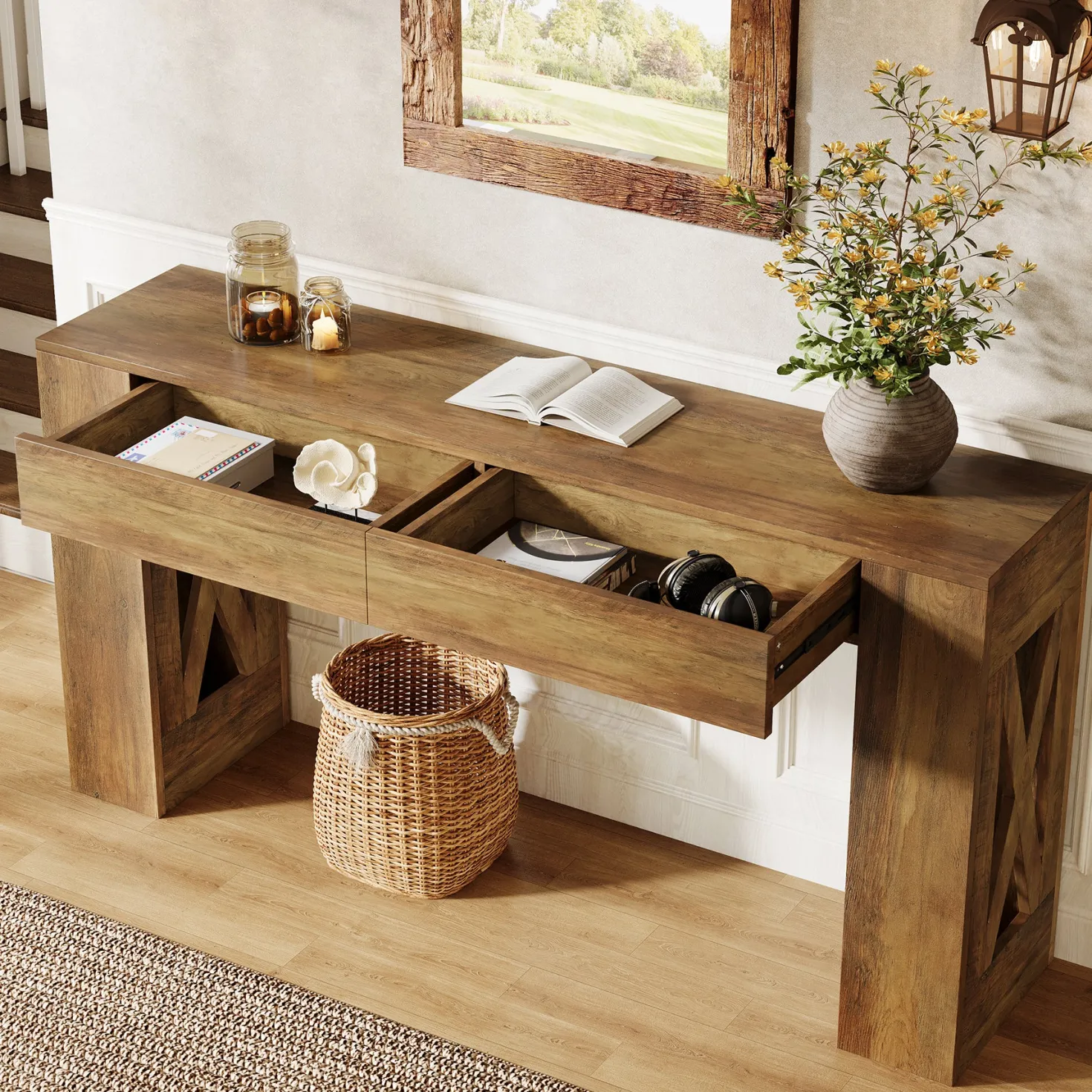 63" Console Table, Narrow Sofa Table with 2 Drawers and X-Shaped Legs
