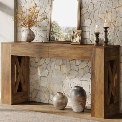 63" Console Table, Narrow Sofa Table with 2 Drawers and X-Shaped Legs