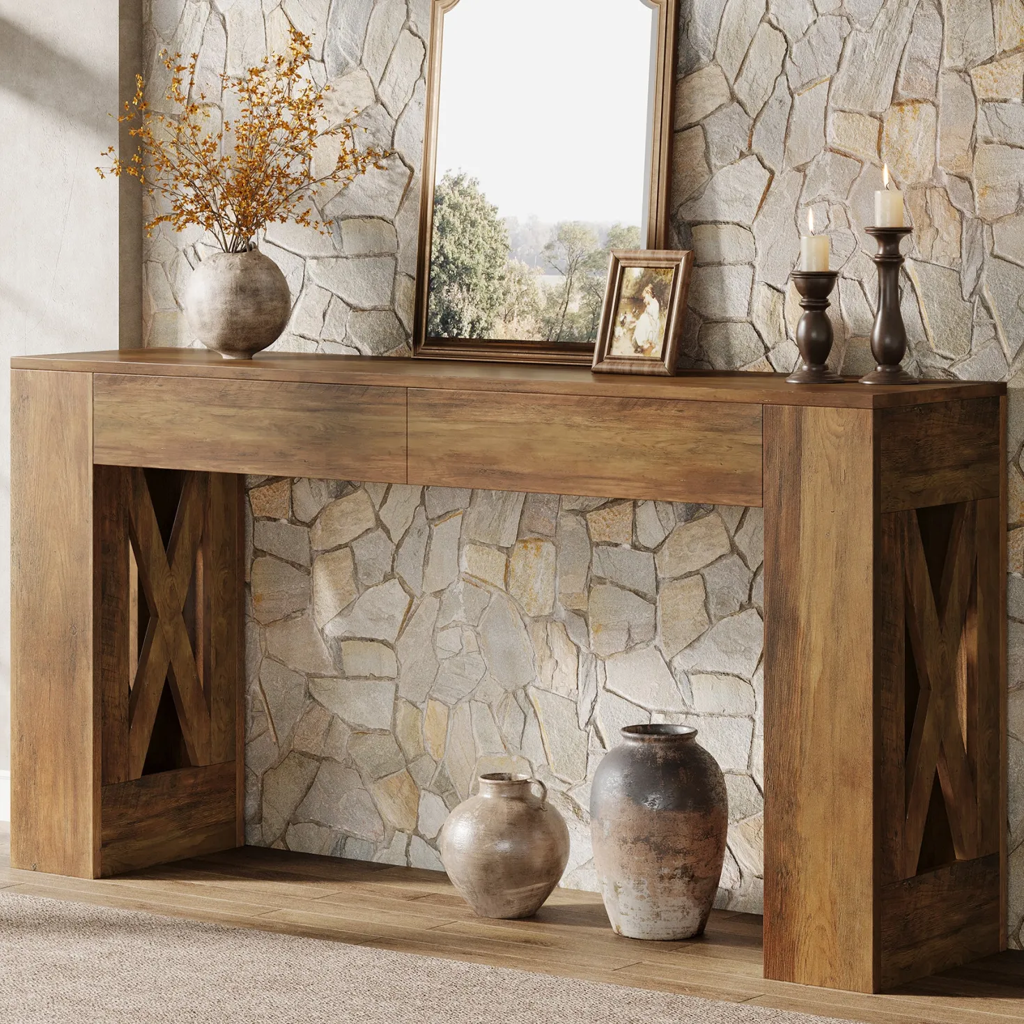 63" Console Table, Narrow Sofa Table with 2 Drawers and X-Shaped Legs