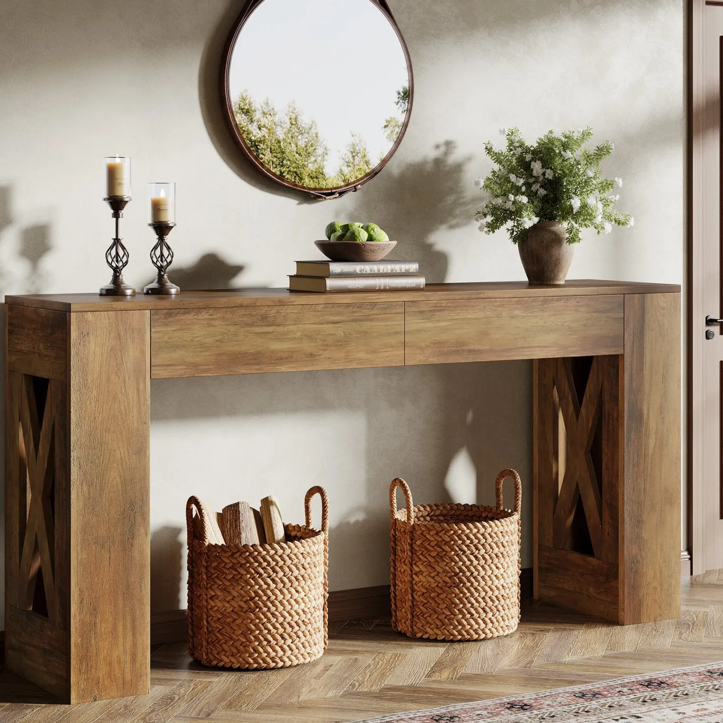 63" Console Table, Narrow Sofa Table with 2 Drawers and X-Shaped Legs