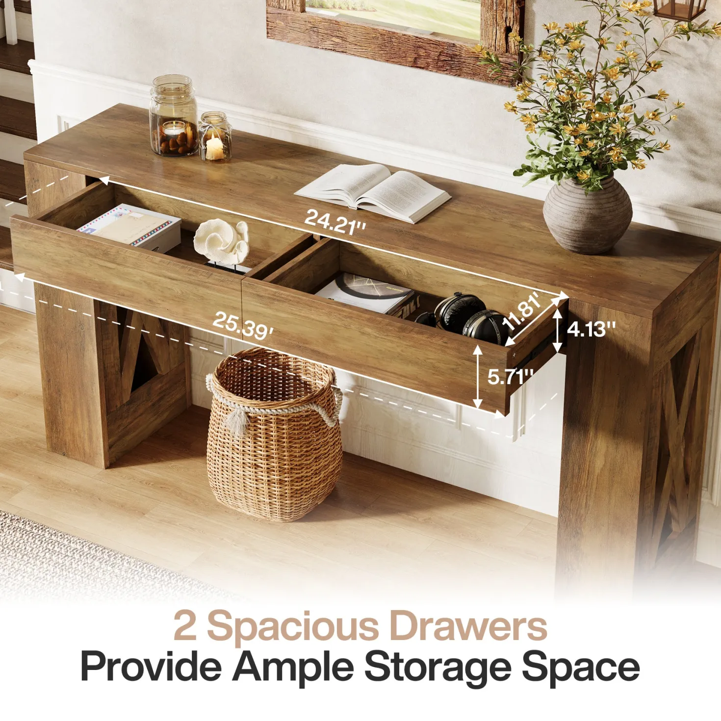 63" Console Table, Narrow Sofa Table with 2 Drawers and X-Shaped Legs