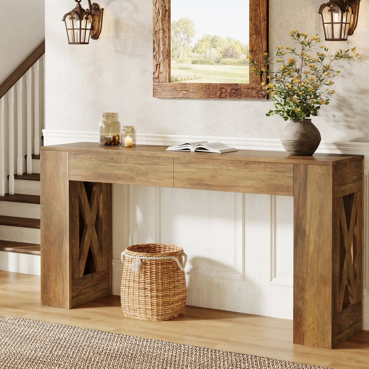 63" Console Table, Narrow Sofa Table with 2 Drawers and X-Shaped Legs