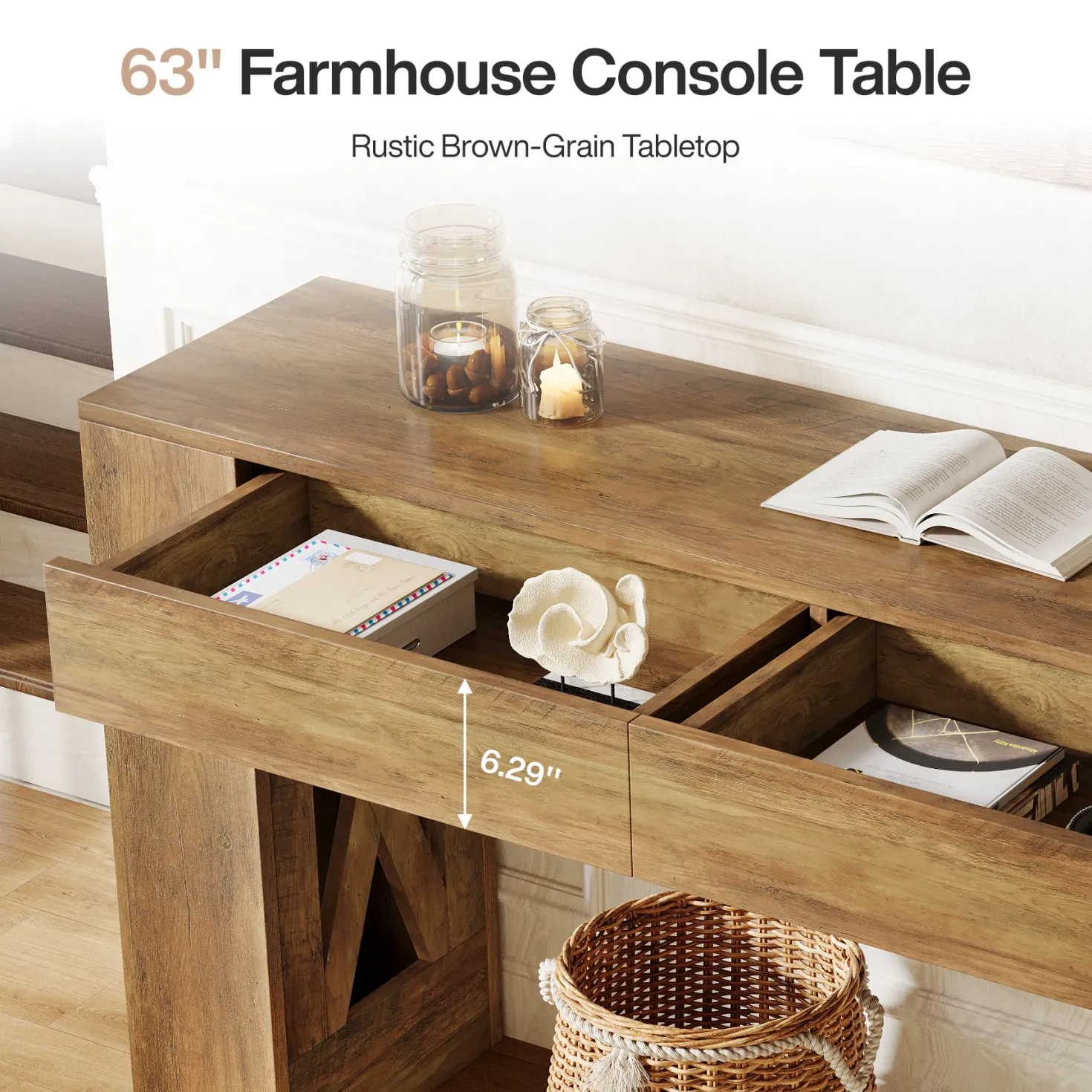 63" Console Table, Narrow Sofa Table with 2 Drawers and X-Shaped Legs