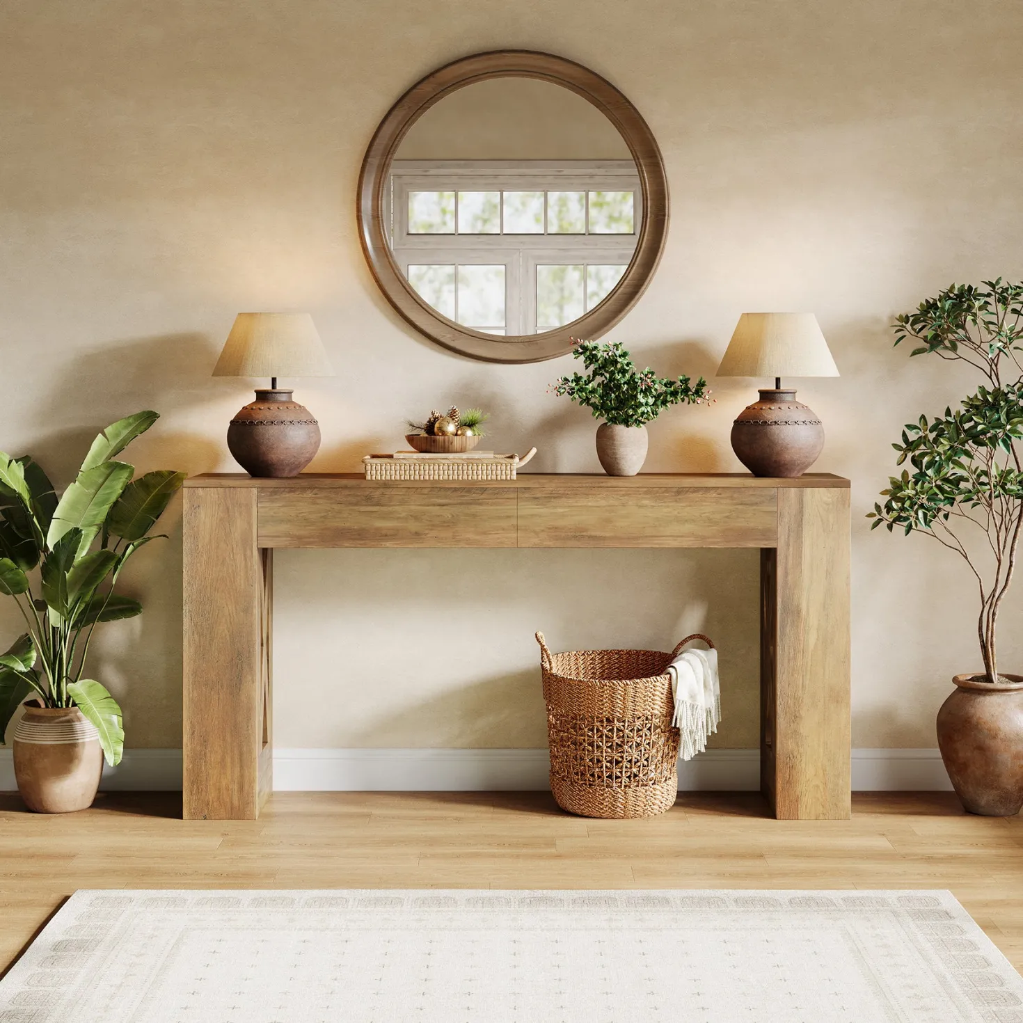 63" Console Table, Narrow Sofa Table with 2 Drawers and X-Shaped Legs