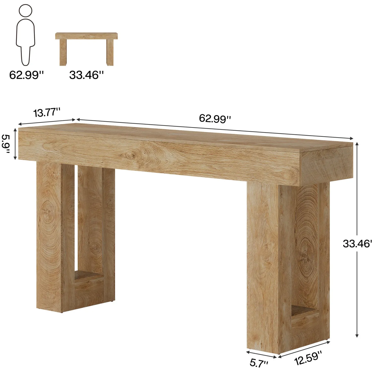 63" Console Table, Rectangular Sofa Entryway Table with Thick Legs