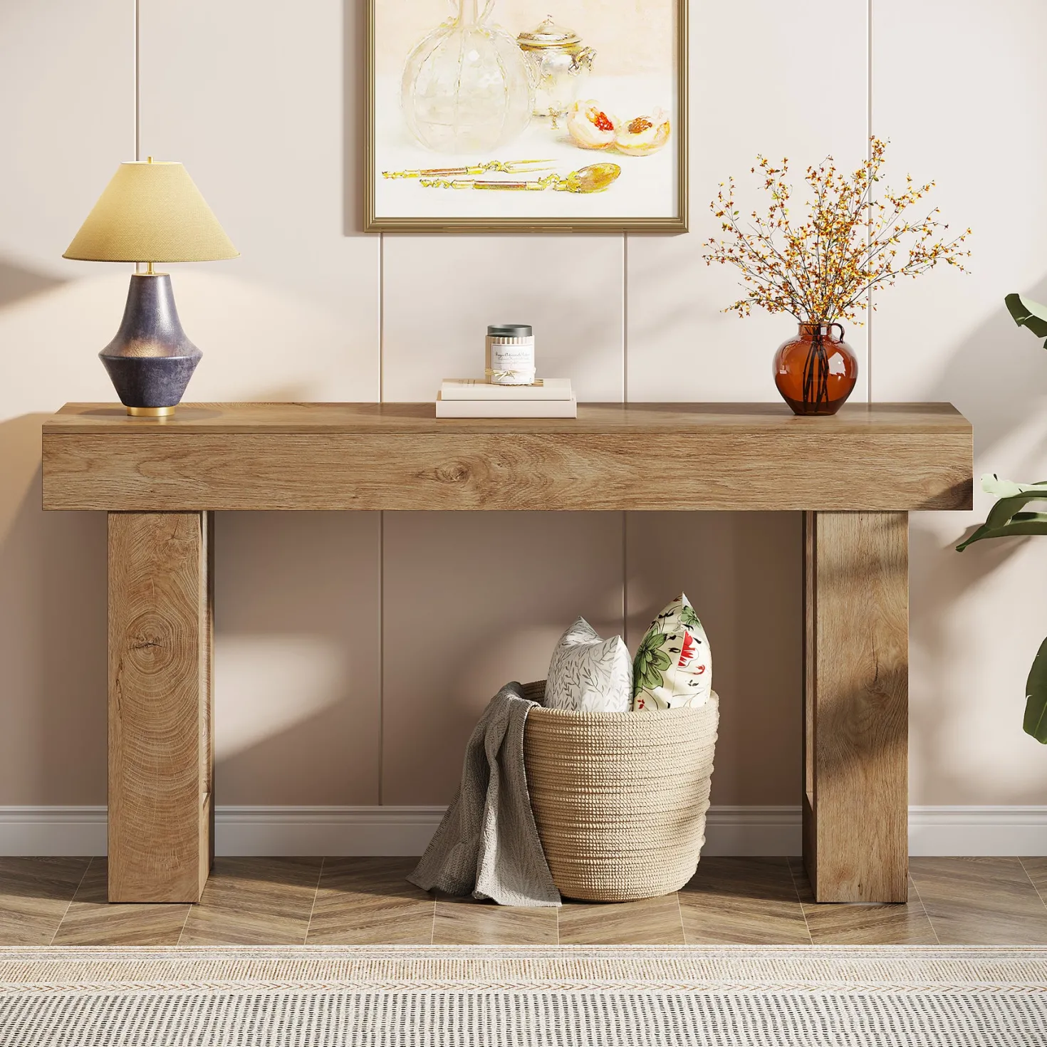 63" Console Table, Rectangular Sofa Entryway Table with Thick Legs