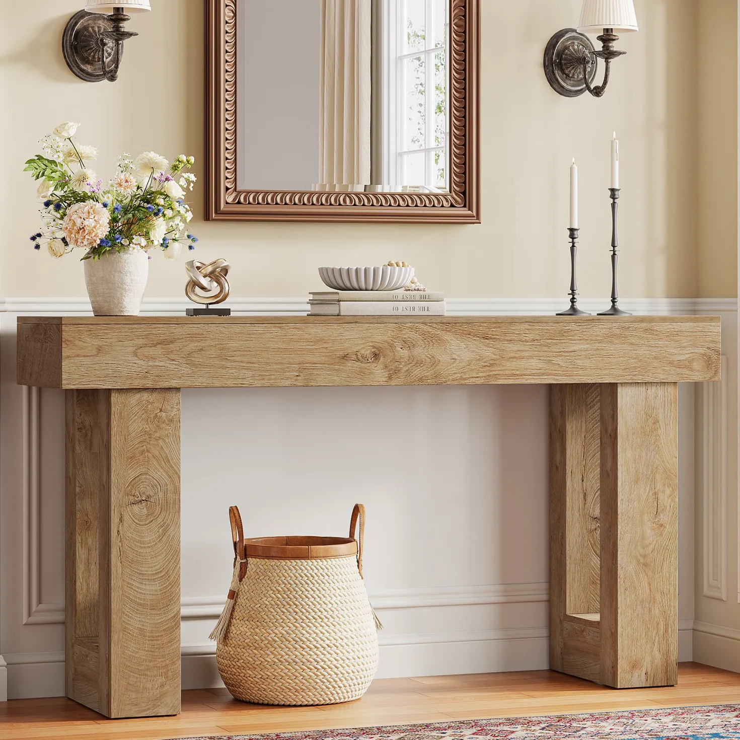63" Console Table, Rectangular Sofa Entryway Table with Thick Legs