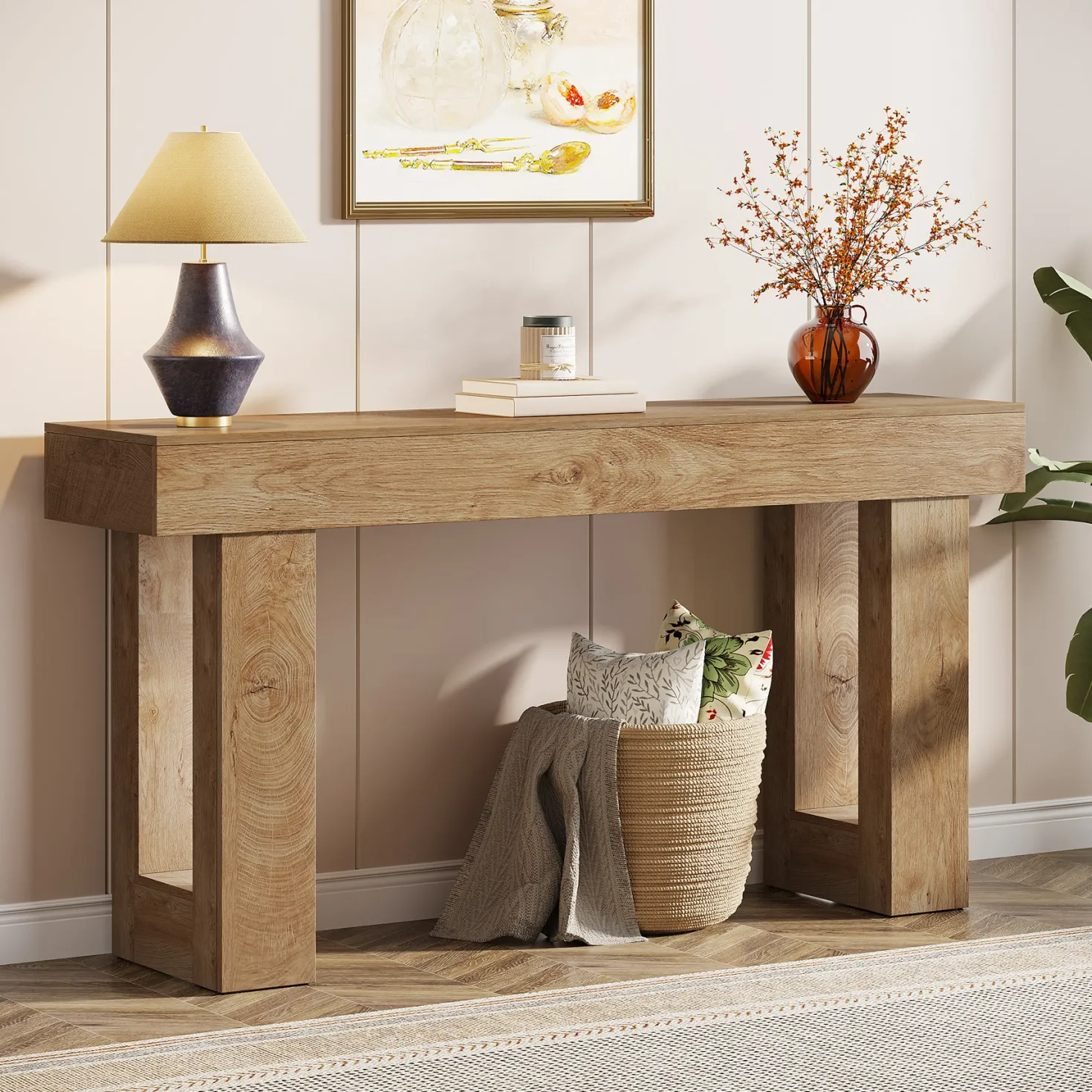 63" Console Table, Rectangular Sofa Entryway Table with Thick Legs