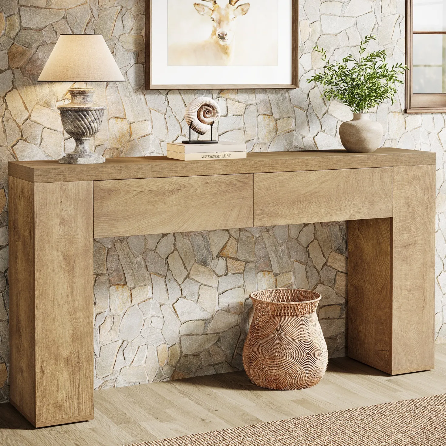 63" Console Table, Rustic Sofa Hallway Table with Drawers